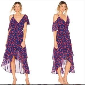 Misa Los Angeles Loulou Ruffled Midi Dress In Navy Blue And Red Print in Size S